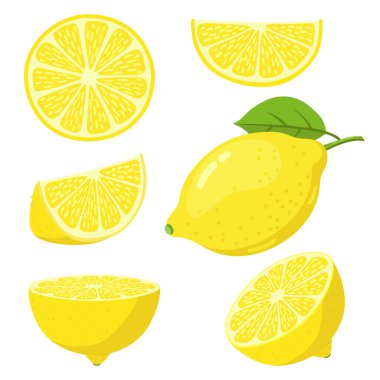 Limon dilimleri. Citrus meyve dilimi, sulu sarı limonlar, dilimlenmiş taze limonlar, C vitamini olgun narenciyeli vejetaryen meyve vektör çizimleri