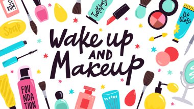 Makyaj posteri. Cilt kozmetik ürünleri, el çizimi çehre araçları, yüz ve vücut derisi konsept vektör arkaplan çizimi