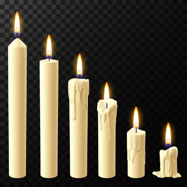 Realistic burning candle. Wax candles reflow stages, holiday xmas or church burning wick candles vector isolated realistic icons set