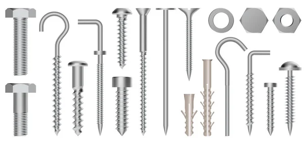 Tornillos y pernos realistas 3d. Hardware tornillos inoxidables, pernos, tornillos, tuercas y ganchos para los ojos, conjunto de ilustración vectorial aislado de engranajes de fijación metálica — Vector de stock