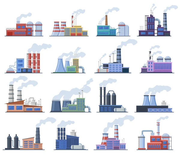 Industrial factory. Manufacturing building, chimney pipe factory, warehouse, power station, factory architecture exterior vector illustration set — Stock Vector