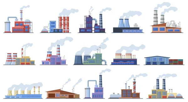 Factory buildings. Industry warehouse and power station, manufacturing factory building architecture exterior vector illustration icons set — Stock Vector
