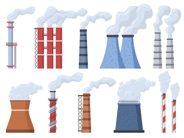 Chimenea industrial. Fabricación de chimenea industrial, tubos de chimenea de aire tóxico, chimenea de fábrica contaminación por humo vector iconos de ilustración conjunto — Vector de stock