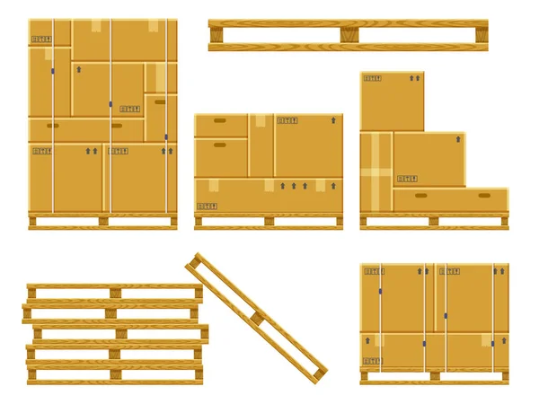 Rakománygyűjtő rakomány. Kartondoboz csomagolódoboz fából készült raklapra, egymásra rakott kartondoboz, raktár doboz halom vektor illusztráció készlet — Stock Vector