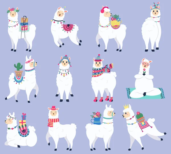 Χαριτωμένο λάμα. Μεξικάνικη χνουδωτή αλπακά, Περού άγρια ζώα αστεία χαρακτήρες ζώων, χειροποίητα llama και alpaca απομονωμένη εικονογράφηση διάνυσμα σύνολο εικόνων — Διανυσματικό Αρχείο