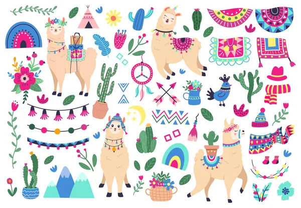 メキシコのかわいいラマ。ラマとペルーのアルパカ野生動物、面白いラマの文字とペルーの民族シンボルベクトルイラストアイコンセット — ストックベクタ