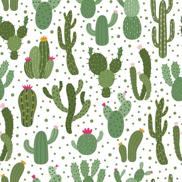 Patrón de cactus. Patrón de planta de cactus sin costura, plantas suculentas impresión de envoltura, lindo cactus desierto doodle vector fondo ilustración — Archivo Imágenes Vectoriales