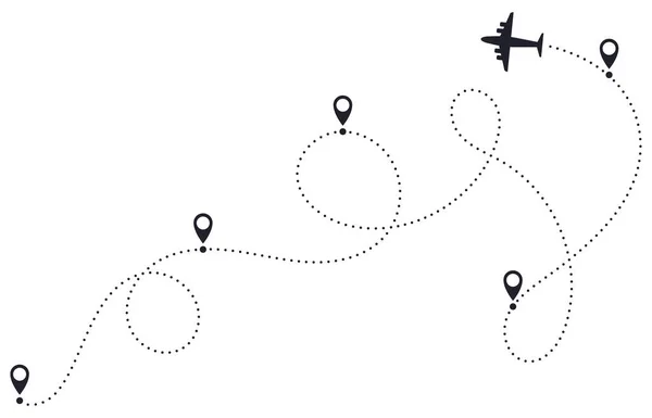 Γραμμή διαδρομής αεροπλάνου. Διαδρομή με κουκκίδες, διαδρομή προορισμού αεροπλάνου, διαδρομή προορισμού αεροπλάνου, εικονογράφηση διανύσματος χάρτη ταξιδιού αεροπλάνου — Διανυσματικό Αρχείο
