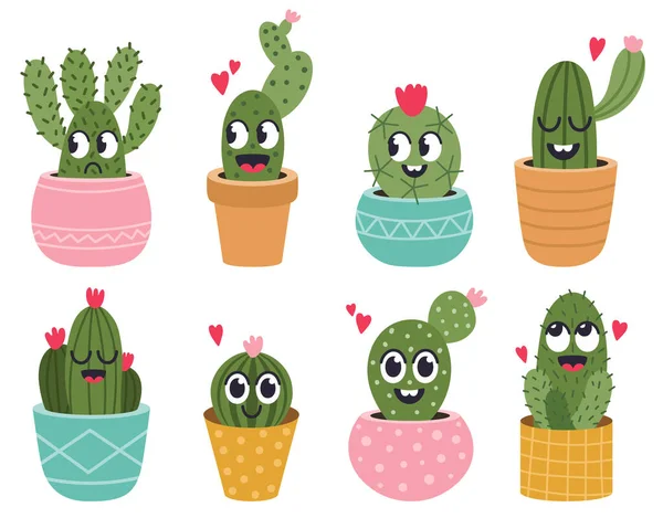 Roztomilé kaktusíky. Vtipná šťavnatá kaktusová tvář, tropické pichlavé usměvavé rostliny v květináčích, mexické kaktusy veselá tvář vektorové ilustrace ikony set — Stockový vektor