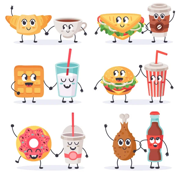 Personajes de comida de dibujos animados. Mascotas de comida chatarra, sándwich con café y rosquilla, comida callejera y bebidas lindos personajes vector ilustración conjunto — Vector de stock