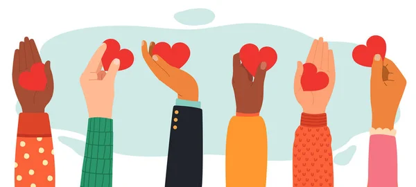 Manos concepto de caridad. Dar, compartir el amor a las personas, la caridad y la donación de las manos con el símbolo del corazón, las manos con mensajes de amor vector ilustración — Archivo Imágenes Vectoriales
