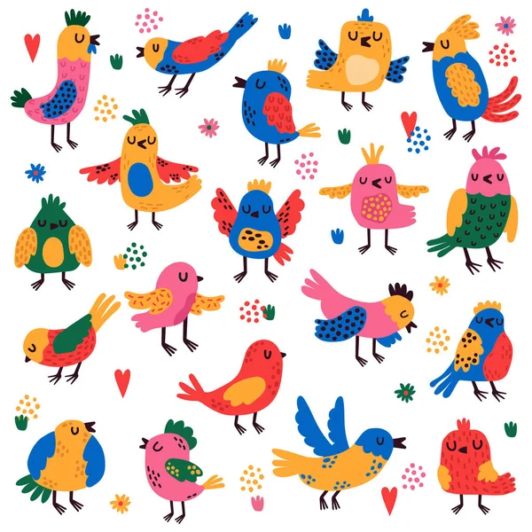 Lindos pájaros. Pajaritos coloridos dibujados a mano, personajes de pájaro cantor garabato, bosque natural pájaro infantil aislado vector ilustración conjunto — Vector de stock