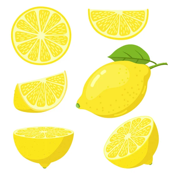 레몬 조각. 감귤류 과일 조각, 즙이 많은 노란 레몬, 얇게 썬 신선 한 레몬, 비타민 C 채식익힌 감귤과 벡터 그림 세트 — 스톡 벡터
