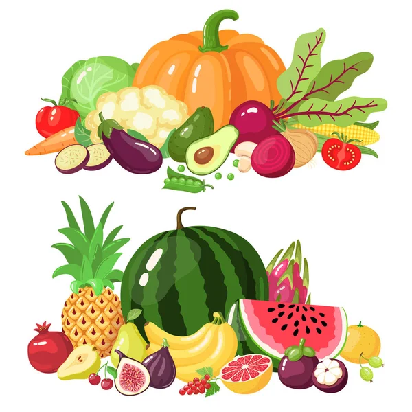 Verduras y frutas. Dibujos animados comida vegetariana, sandía, calabaza y manzana vitamina verduras frescas y frutas vector iconos de ilustración conjunto — Vector de stock