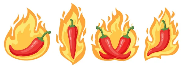 Cabai pedas. Cabai merah pedas kartun dalam api, paprika mexican terbakar panas mengisolasi ikon gambar vektor - Stok Vektor