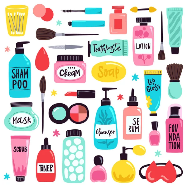 Kosmetikelemente. Kosmetikprodukte, Kritzelvisagen, Lippenstift, Creme, handgezeichnete Kosmetikflaschen Vektor Illustration Set — Stockvektor