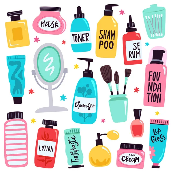 Schminkwerkzeuge. Kosmetische Routineprodukte für die Hautpflege, handgezeichnete Kosmetikkritzelwerkzeuge für die Hautpflege, Illustrationssymbole für Schönheit und Make-up — Stockvektor