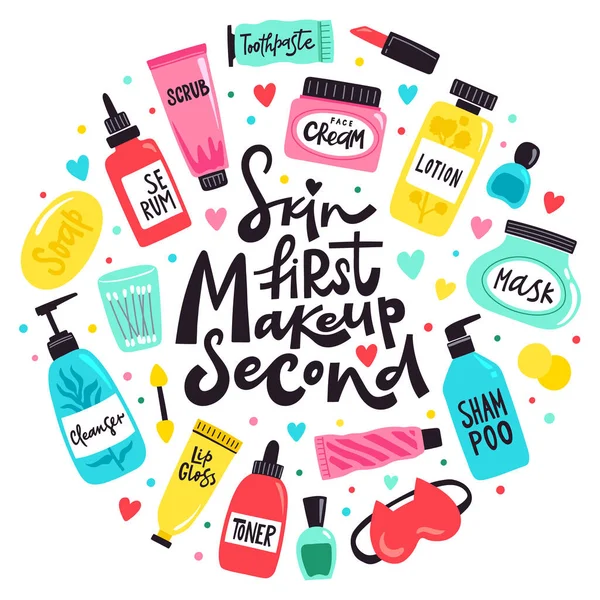 Doodle Kosmetikwerkzeuge. Make-up, Hautpflege-Kosmetikprodukte, Toner, Lotion, Lippenstift und Serum, Make-up-Konzept Vektor Hintergrund Illustration — Stockvektor