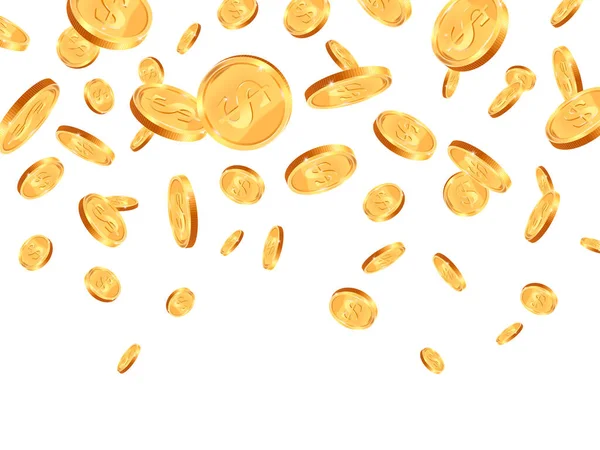 Monedas realistas cayendo. Gold 3d coin falling down, jackpot dollar coins flying, golden dollar coins falling down vector background illustration — Vector de stock