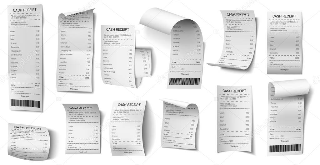 Realistic bills. Shopping purchase bill, retail payment purchase blank, supermarket sale paper isolated vector illustration icons set