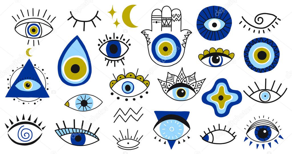 Evil eye symbols. Hand drawn eyes talismans, fatima hand, hamsa and turkish evil eye, sacred spirituality amulets vector illustration icons set