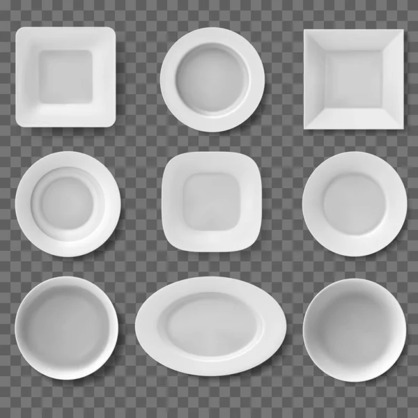 Realistische Teller. Futterschüssel, leere saubere Schüssel, Küchenutensilien, weiße Teller, Geschirr und Schüsseln. Restaurant 3D Geschirr Vektor Illustration Set — Stockvektor
