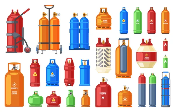 Gasstalen cilinder. Gastank, zuurstof-, propaan- of butaanmetaal brandbare containers, helium, petroleumgascilinders vector illustratie pictogrammen ingesteld — Stockvector