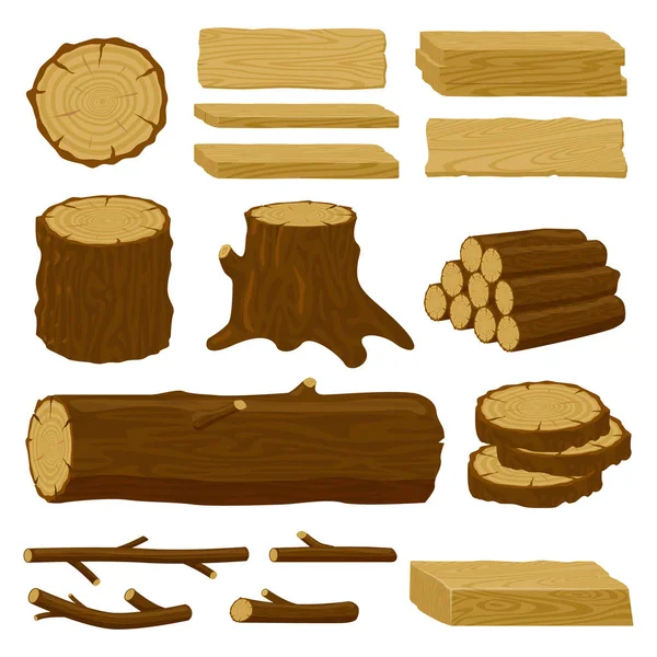 Houten stammen. Boom hout, hout logs, takken en houten planken, gestapeld brandhout materiaal geïsoleerde vector illustratie pictogrammen set — Stockvector