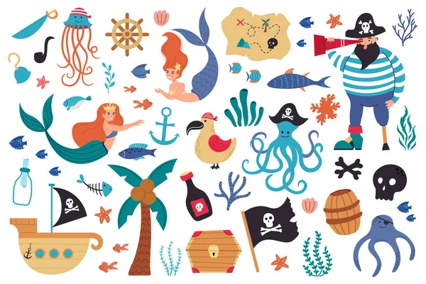Pirates et sirènes. Créatures sous-marines de la mer et symboles marins, voilier, joyeux roger, carte au trésor et mignon jeu d'illustration vectorielle sirènes — Image vectorielle