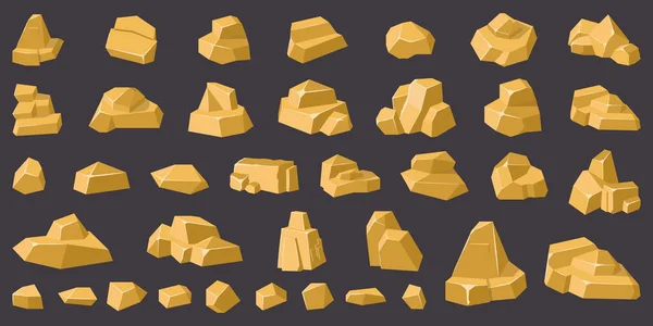 Rocas doradas. Geología del oro guijarro de montaña, grava de piedra, pila de rocas, diseño del juego oro rocas aisladas vector iconos de ilustración conjunto — Archivo Imágenes Vectoriales