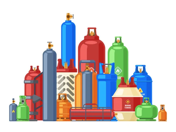 Magazynowanie butli gazowych. Cylindry ze stali propanowej, butanowej lub helowej, metalowe zbiorniki gazu łatwopalnego, ilustracja wektora butli z paliwem — Wektor stockowy