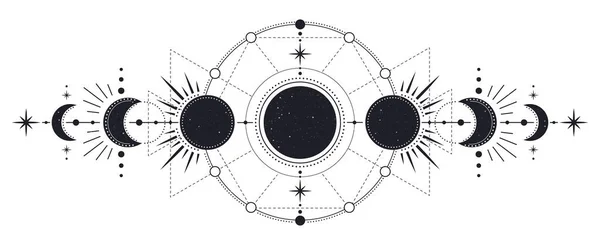 Ay evreleri. Gizemli ay ışığı aktiviteleri, el çizimi kutsal geometri ayı, sihirli astroloji sembolleri, ay vektör illüstrasyonunun aşamaları.