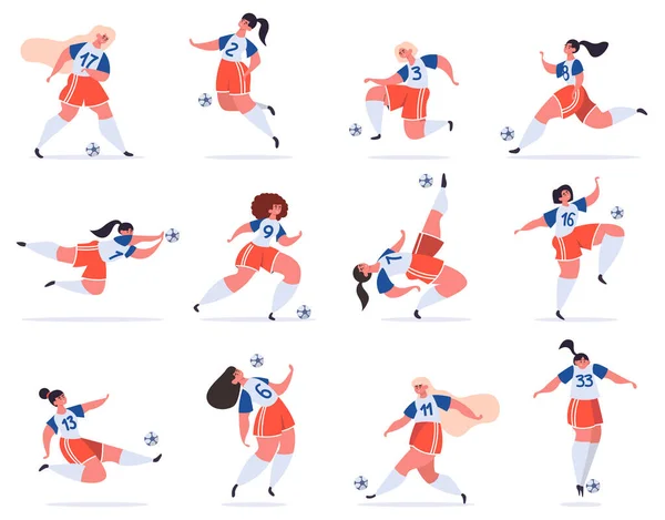 Női focisták. Foci női csapat, fiatal női labdarúgó karakterek rúgás focilabda, lányok foci vektor illusztráció készlet — Stock Vector
