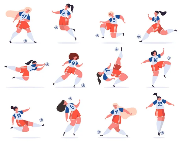 Fußballspielerinnen. Fußball-Frauenteam, junge weibliche Fußballfiguren kicken Fußball, Mädchen spielen Fußball Vektor Illustrationsset — Stockvektor