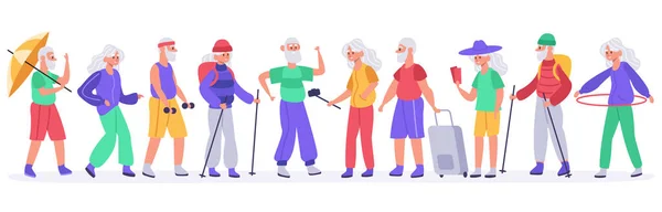 Starsi ludzie. Tłum aktywnych osób starszych, zdrowej babci, rekreacji dziadka, starców i kobiet wektor ilustracji zestaw — Wektor stockowy