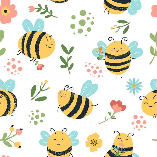 Patrón sin costuras de las abejas. Lindas abejas de miel dibujadas a mano, insectos amarillos voladores, flores y abejas de abeja doodle telón de fondo vector ilustración — Vector de stock