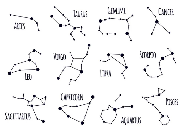 Constelações zodiacais. Signos estelares de astrologia, mapas estelares astrológicos do céu, constelações de horóscopo desenhadas à mão conjunto de símbolos vetoriais isolados — Vetor de Stock