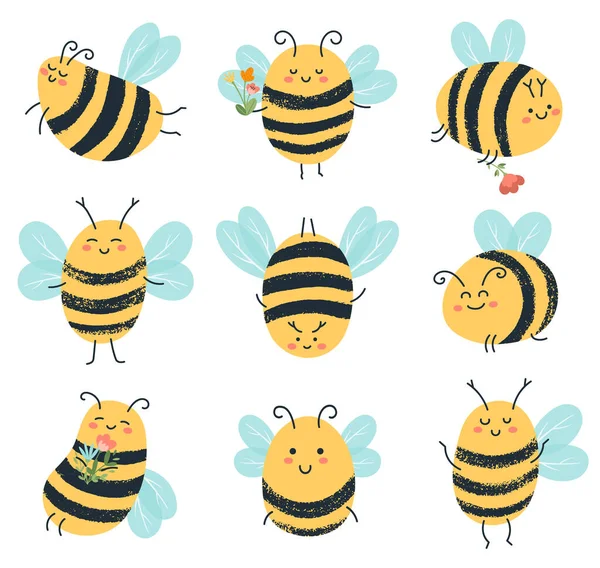 Aranyos méhek. Vicces sárga méh karakterek, kézzel rajzolt repülő méh izolált vektor illusztráció ikonok készlet — Stock Vector