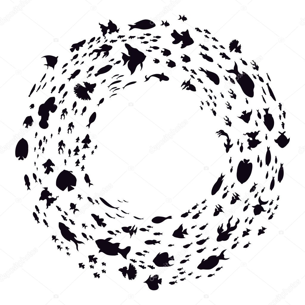 School of fish silhouettes. Sea round fishes colony, ocean fish schools, cute little fishes swim in circle isolated vector illustration