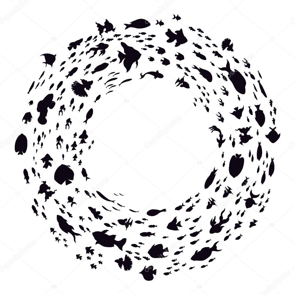 School of fish silhouettes. Sea round fishes colony, ocean fish schools, cute little fishes swim in circle isolated vector illustration. Aqua ecosystem, deep underwater life for logo