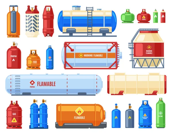 Gefährliche Gasbehälter. Gasstahlflasche und -tank, Behälter aus Butan, Sauerstoff oder Helium, Vektor-Set für brennbare Gasflaschen — Stockvektor