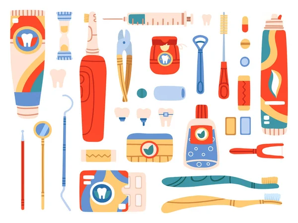 Fogászati eszközök. Szájhigiéniai termékek és tisztítószerek, fogkefe, fogkrém, fogselyem, szájvíz. Szájápolási vektor illusztrációs készlet — Stock Vector