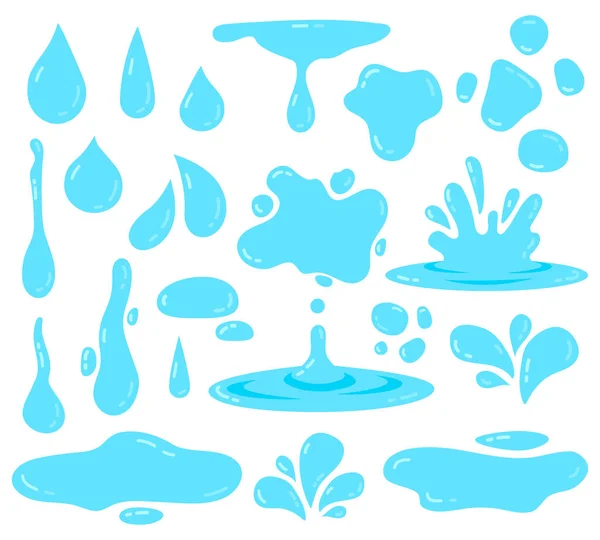 물튀기기. 흐르는 물, 눈물 방울, 물이 소용돌이치고, 작은 물방울, 맑은 물, 격리 된 벡터 아이콘 그림 설정 — 스톡 벡터