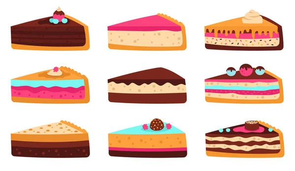 Pasta dilimleri. Tatlı dilimlenmiş doğum günü pastası, cheesecake, katmanlı sünger kek, lezzetli pasta jöleli meyve, çikolatalı tatlı vektör çizimi — Stok Vektör