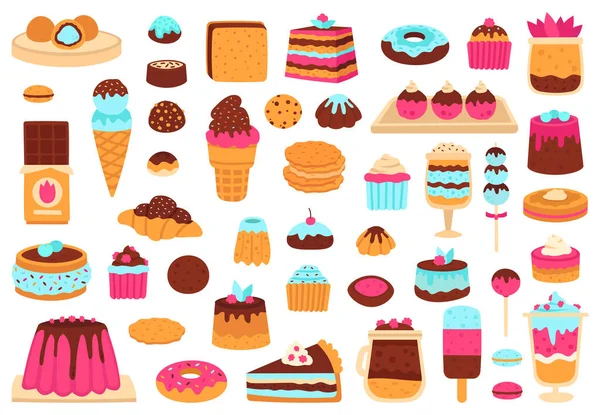 Sladké dezerty. Cukrářské sladkosti, muffinové koláčky, zmrzlina, ručně kreslené bonbóny, čokoládová tyčinka a makarony. Roztomilé bonbóny vektorové ilustrace sada — Stockový vektor