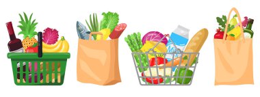 Süpermarket poşetleri. Alışveriş sepetleri ve çantalar, plastik, kağıt alımları paketler, organik gıda vektör çizimleri içeren alışveriş torbaları