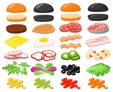 Hamburger malzemeleri. Hamburger fast food üreticisi, çörekler, sebzeler, peynir dilimleri ve et, sandviç burger malzemeleri çizim seti