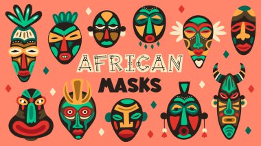 Afrika antik maskeleri. Kabile etnik maskesi, ritüel totem dini maskeler, Aztek, Afrikalı ve Hawaii Aborijin Aborijin vektör çizimleri