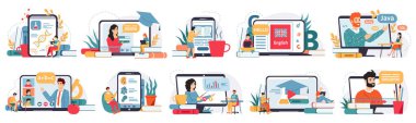 Online eğitim. İnternet dersleri, giyim ya da dijital dersler, dizüstü bilgisayarda evde eğitim. E-öğrenme konsepti vektör çizimi