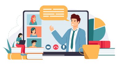 İnternetteki konferans. Uzaklık eğitimi, web kursları veya müdürle iş toplantısı, çevrimiçi uzaklık eğitimi karakterleri vektör illüstrasyonu